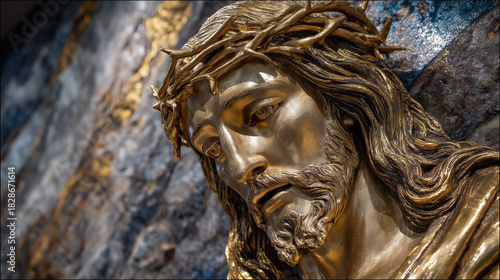 A sophisticated gold-painted mural of Jesus, with gently raised surfaces creating a subtle bas-relief effect, blending classical reverence with luxurious modern design elements