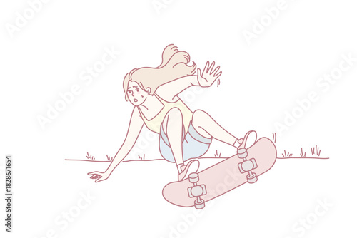 Woman riding skate falling outside. Girl have fun starting on street falling from sport equipment. Vector illustration.