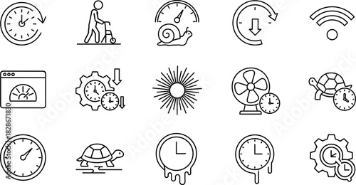 Slowness icons set, delay symbols, slow speed concepts, turtle snail clock walker, internet lag, time distortion, cad drawing flat vector illustration
