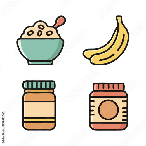 A healthy breakfast of oatmeal with banana and peanut butter jars isolated on white background