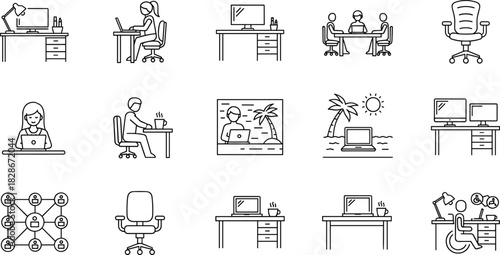 Work from home, office desk, remote job, online meeting, digital workspace, ergonomic chair, teamwork, flexible work, cad drawing flat vector illustration
