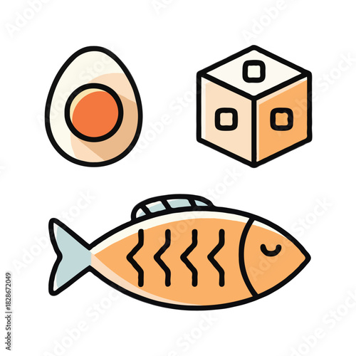 A stylized illustration of a boiled egg a sugar cube and a fish presented as simple icons isolated on white background