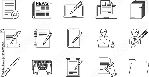 Writing, documentation, digital content creation, AI document, laptop stylus, newspaper, scroll, tablet, pencil, keyboard, clipboard, folder, cad drawing flat vector illustration