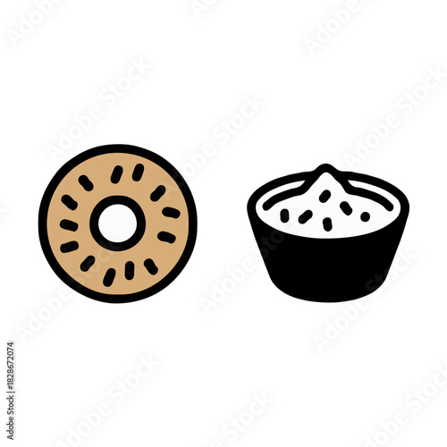 Simple hand drawn illustration of a plain bagel next to a black bowl filled with cream cheese spread isolated on white background