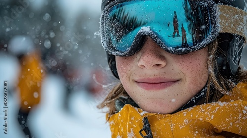 Smiling boy, ski goggles, snowy mountain, winter fun