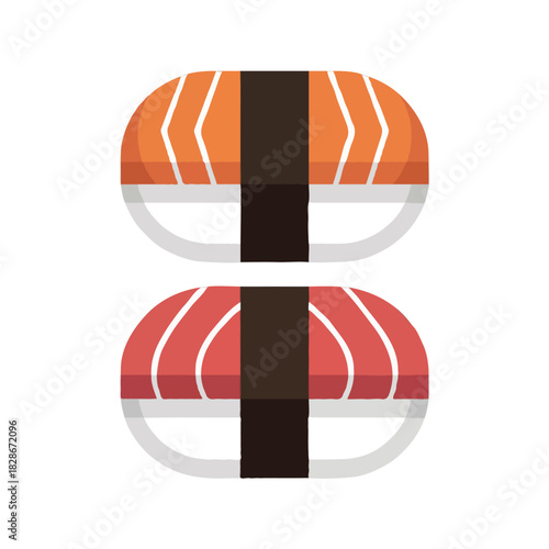 Two delicious nigiri sushi pieces one with vibrant orange salmon and the other with deep red tuna isolated on white background