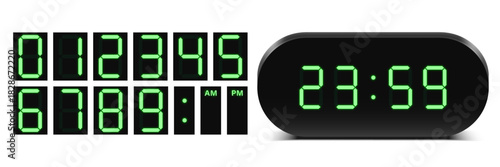 Vector digital alarm clock with green LED display and full set of glowing digital numbers isolated on dark background. Realistic mockup or template