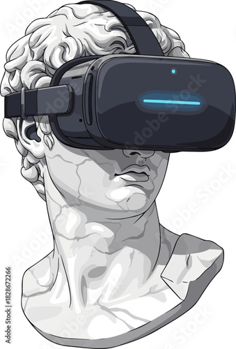 Create a Marble Bust Wearing VR Headset vector art with white background.