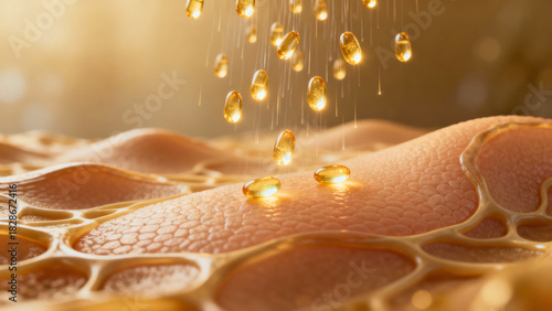 Close-up View of Gel Capsules Dropping on Skin Surface with Warm Light Effect