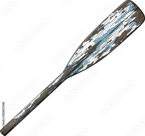 Create a Old weathered wooden boat oar with peeling paint vector art with white background..