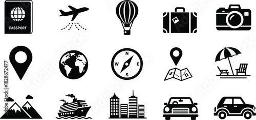 Collection of black and travel and tourism icons including airplane, passport, suitcase, map pin, cruise ship, and city skyline