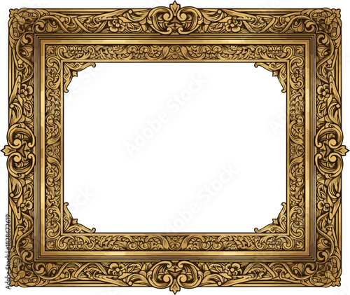 Create a Ornate Gold Picture Frame Vintage Style vector art with white background.