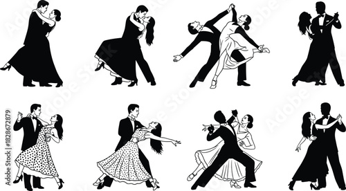 Silhouettes of dancing couples, men and women in formal wear performing ballroom, waltz and tango poses, black and white vector illustration set, retro style.