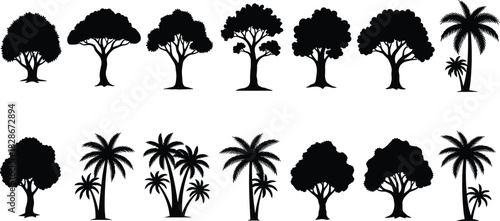 Collection of diverse tree and palm silhouettes including tropical, ornamental, and landscape varieties, natural botanical shapes ideal for outdoor design and illustration projects