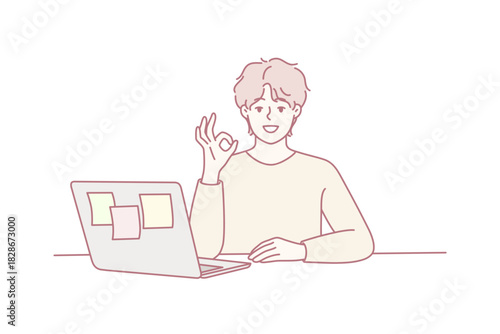 Smiling professional at laptop giving approval while completing virtual presentation, casual workspace with sticky notes on screen, positive body language and confident focus