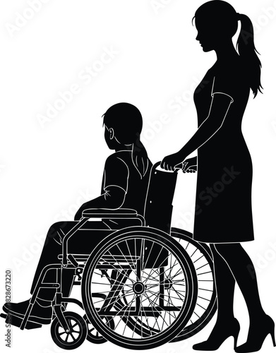 Silhouette caregiver pushing person in wheelchair, support and assistance illustration representing care, compassion, mobility help, disability aid and community values