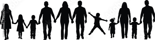 Silhouette family walking together holding hands, parents and children group illustration, unity and togetherness concept for design, community and lifestyle themes