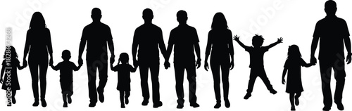 Silhouette family walking together with parents and children holding hands, unity and bonding illustration symbolizing love, connection, lifestyle and community values