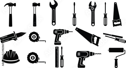 A collection of black silhouette icons representing various construction and repair tools, including hammers, wrenches, drills, and saws