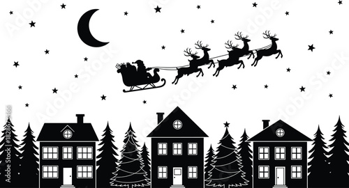 Silhouette of Santa Claus flying in sleigh with reindeer over houses at night, Christmas scene with stars and moon