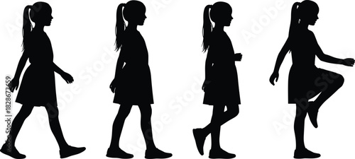 Silhouette of young girl walking and posing in various positions, child figure motion sequence, isolated illustration set for design and animation projects