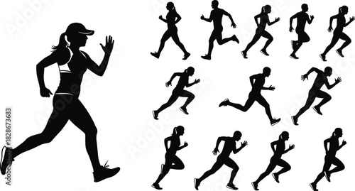 Silhouette runners in motion, athletic men and women sprinting and jogging, fitness training poses collection, exercise movement set for sports design