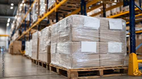 A pallet stacked neatly with wrapped food items in a bright warehouse, clear shrink wrap tightly encasing boxes, emphasizing organization and inventory management
