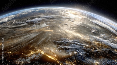 Stunning View of Earth’s Surface with Cloud Patterns and City Lights from Space