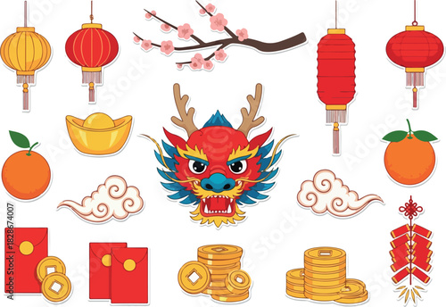 Festive Chinese New Year Decorations Lanterns, Dragon, and Lucky Charms