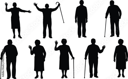 Silhouettes of elderly men and women standing, waving and using canes, senior people illustration representing aging, support, mobility, lifestyle and care