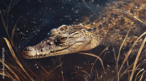 Crocodile Swimming in Dark Water with Vegetation in Natural Habitat
