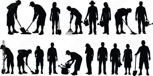 Silhouettes of people performing gardening tasks with tools, digging, raking, watering plants, outdoor yard work actions ideal for landscaping, agriculture, and design projects