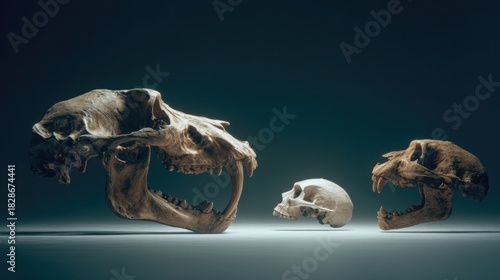 Dinosaur Skulls Displayed in a Modern Museum Exhibit with Dramatic Lighting