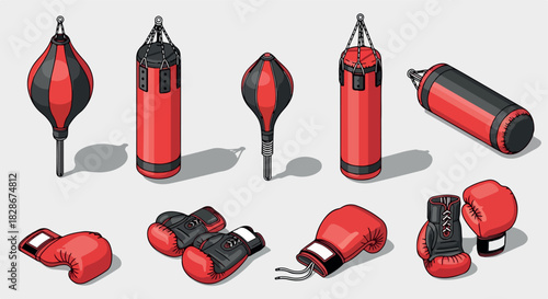 Boxing equipment set with punching bags and gloves