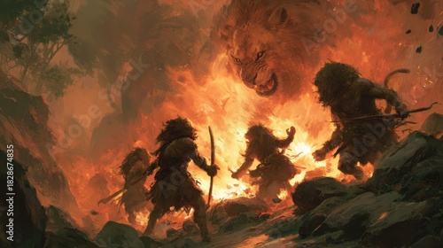 Fantasy Battle Scene with Wild Lions and Jungle Warriors Facing Fire and Destruction
