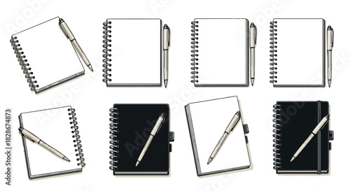 Spiral notebooks and pens collection