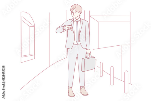 Businessman displays haste along city sidewalk, City executive adjusts watch while rushing to work place, Professional in business attire stresses punctuality amid busy city morning rush hour