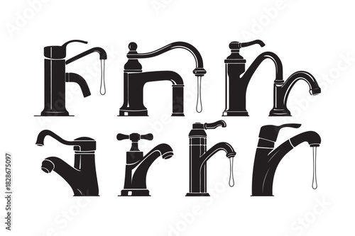 Vintage Faucet Silhouette Icon Vector Set Retro Water Tap and Plumbing Fixture Graphic Collection