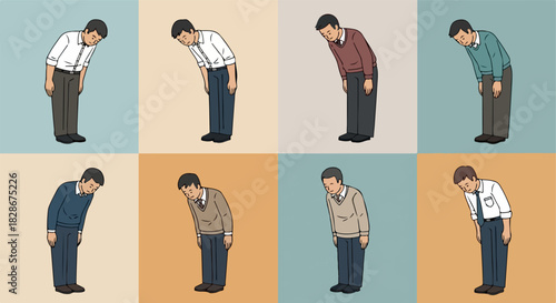 Men bowing respectfully in various outfits