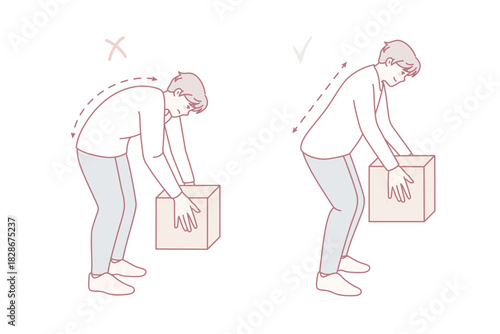 Correct technique of lifting heavy packages. Man lift box wrong and right. Back health safety concept. Flat vector illustration.