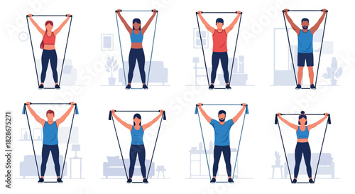 People exercising with resistance bands at home