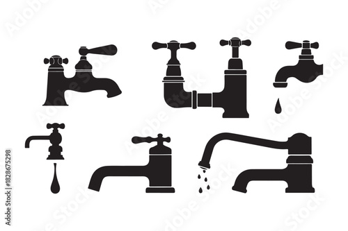 Vintage Faucet Silhouette Icon Vector Set Retro Water Tap and Plumbing Fixture Graphic Collection