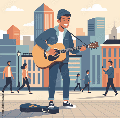 city busker playing an acoustic melody