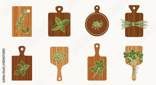 Wooden cutting boards with herbs and spices