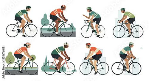 Cyclists riding bicycles in various poses