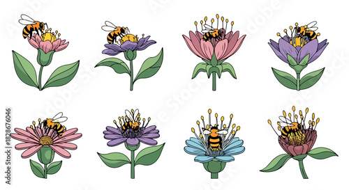 Flowers with bees, colorful blooms, nature elements
