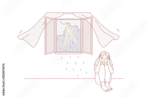 Scared girl sitting on floor afraid of storm outdoors. Terrified young woman feel stressed and frightened of lightning and thunderstorm. Vector illustration.