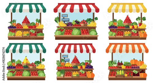 Fruit and vegetable market stalls with colorful awnings