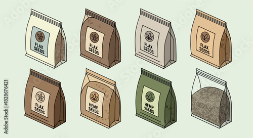 Flax and hemp seeds packaging mockups in natural tones