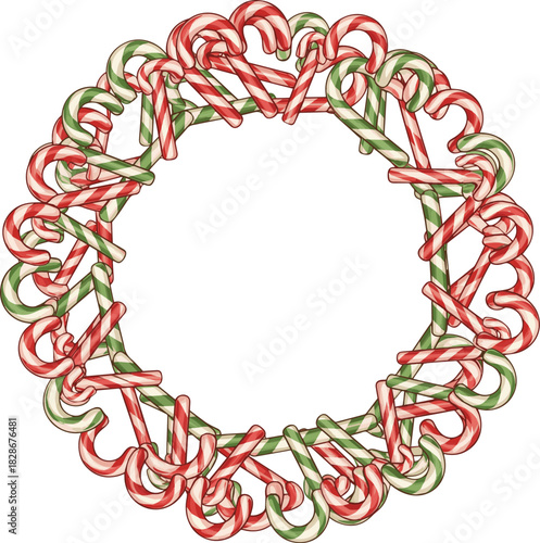 Isolated a kinds of deferent Christmas candy cane circle frame. Red and white striped festive holiday border vector art with white background.